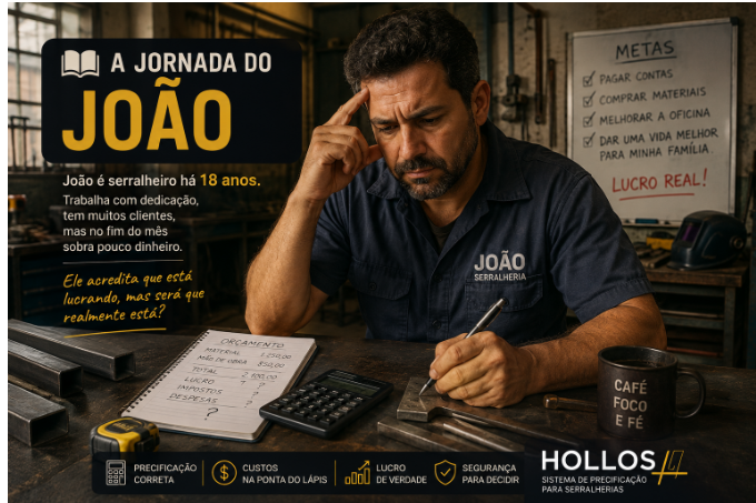 João Martins, personagem oficial HOLLOS, analisando os custos da serralheria em uma bancada de trabalho